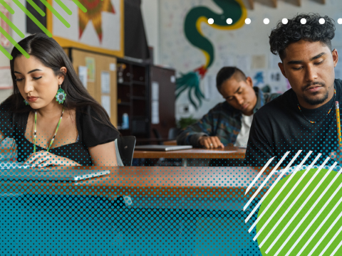 Three students study in a classroom. A blue and green design outlines the photo.