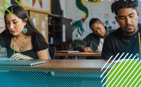 Three students study in a classroom. A blue and green design outlines the photo.